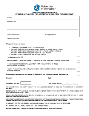 University of Worcester Student Parking Permit Application