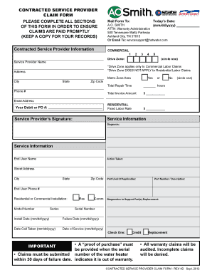 A.O. Smith Contracted Service Provider Claim Form