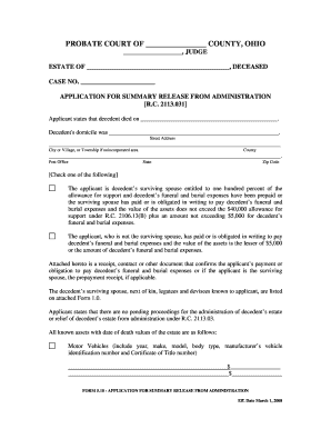 Ohio Application for Summary Release from Administration