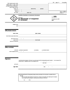 ASIC Form 370 Notification of Resignation