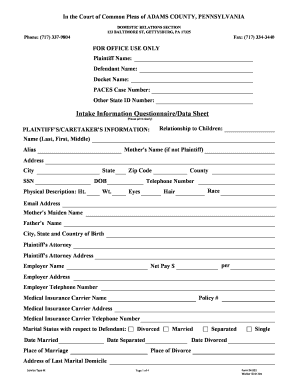 Pennsylvania Intake Information Questionnaire