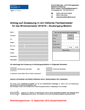 Antrag auf Zulassung in ein höheres Fachsemester