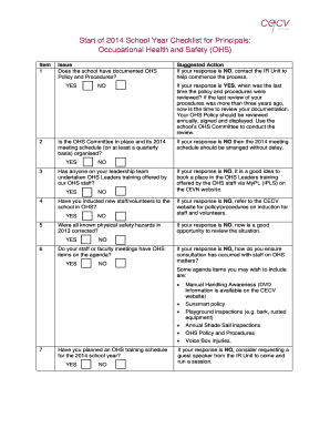 2014 School Year OHS Checklist for Principals