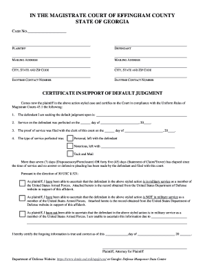 Certificate in Support of Default Judgment