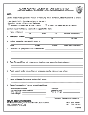Claim Against County of San Bernardino