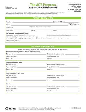 Patient Enrollment Form for Merck Patient Assistance Program