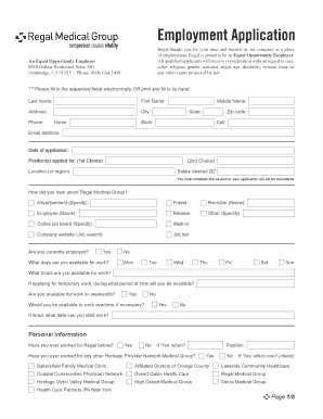 Regal Medical Group Employment Application