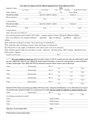 Student Disaster Preparedness Information Form