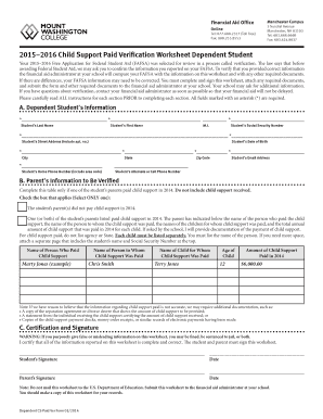 2015–2016 Child Support Paid Verification Worksheet