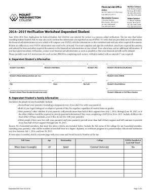 2014–2015 Verification Worksheet Dependent Student