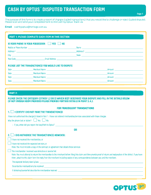 Cash by Optus Disputed Transaction Form