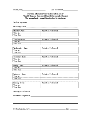 Physical Education Independent Study Weekly Log