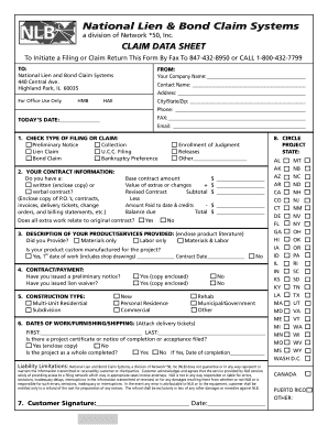 National Lien and Bond Claim Data Sheet