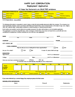 Happy Day Corporation Employment Application