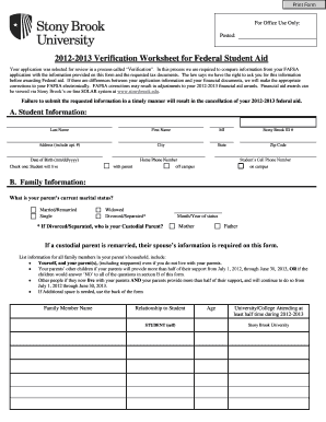 2012-2013 Verification Worksheet for Federal Student Aid