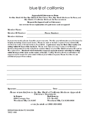 Blue Shield Medicare Appeals & Grievance Form