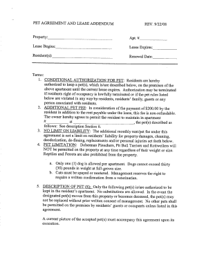 Pet Agreement and Lease Addendum