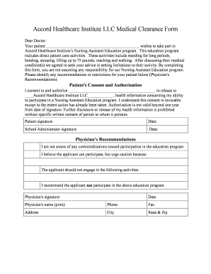 Medical Clearance Form for Nursing Assistant Education