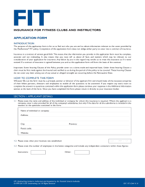 Fitness Club Insurance Application Form
