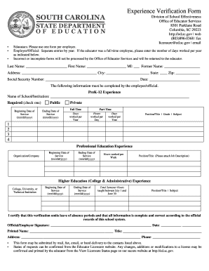 South Carolina Educator Experience Verification Form