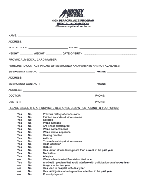 High Performance Hockey Medical Information Form