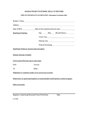 Massachusetts School Health Record
