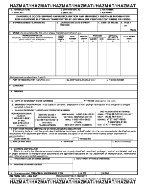 DD Form 836 Hazardous Materials Shipping Paper