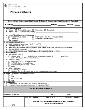 Physician's Orders for Intra Aortic Balloon Pump