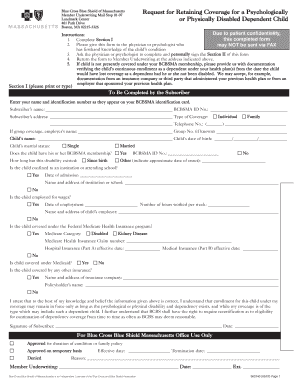 Blue Cross Blue Shield Request for Retaining Coverage for Disabled Dependent Child