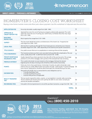 Homebuyer's Closing Cost Worksheet