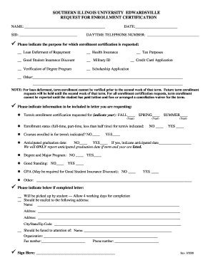 Southern Illinois University Enrollment Certification Request
