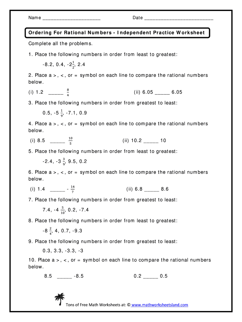 Comparing And Ordering Rational Numbers Worksheet Answer Key Pdf Intended For Comparing Rational Numbers Worksheet