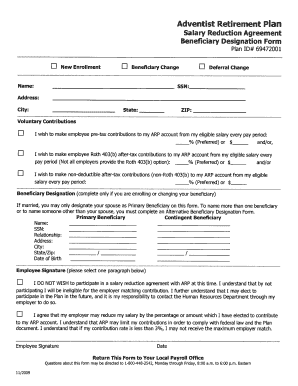 Adventist Retirement Plan Salary Reduction Agreement