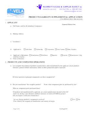 Products Liability Supplemental Application