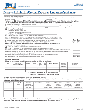 Personal Umbrella Insurance Application