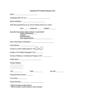 HIV Provider Directory Form