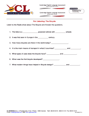 Bicycle Information Worksheet