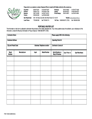 BC Safety Authority Portable Heater List Form