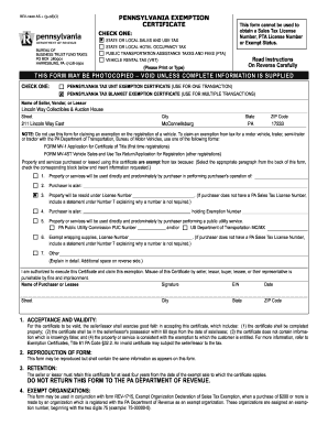 Pennsylvania Tax Exemption Certificate