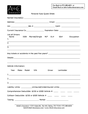 Personal Auto Quote Sheet