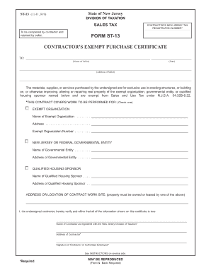 New Jersey Contractor's Exempt Purchase Certificate