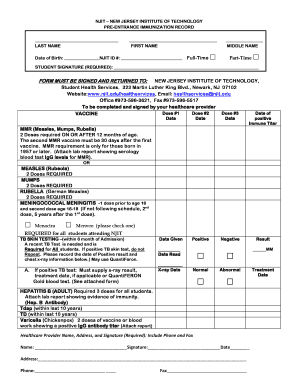 NJIT Pre-Entrance Immunization Record