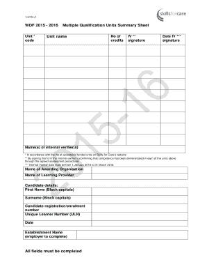 WDF Multiple Qualification Units Summary Sheet
