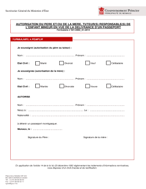AUTORISATION DU PERE ET/OU DE LA MERE, TUTEUR(S) RESPONSABLE(S) DE L’ENFANT MINEUR EN VUE DE LA DELIVRANCE D’UN PASSEPORT