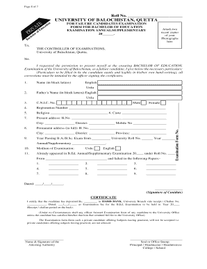 University of Balochistan B.Ed. Examination Form