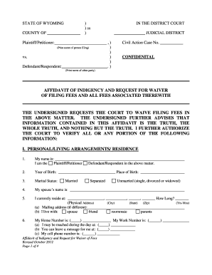 Wyoming Affidavit of Indigency and Request for Waiver of Fees
