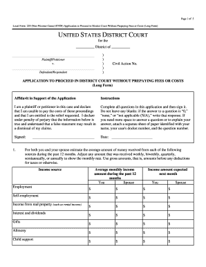 US District Court Fee Waiver Application