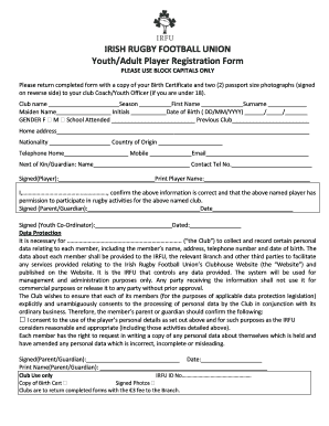 Irish Rugby Football Union Player Registration Form