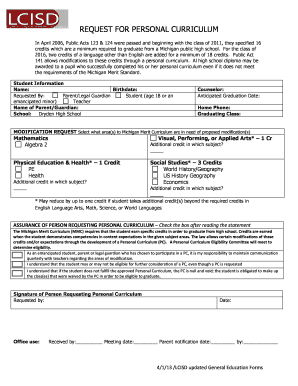 Michigan Personal Curriculum Request Form
