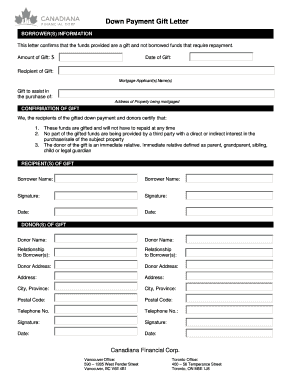 Down Payment Gift Letter